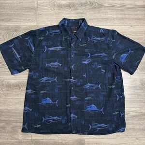 100% Washable Silk Utopia Mens XXL Button Down Shirt Blue Marlin Tuna Nautical